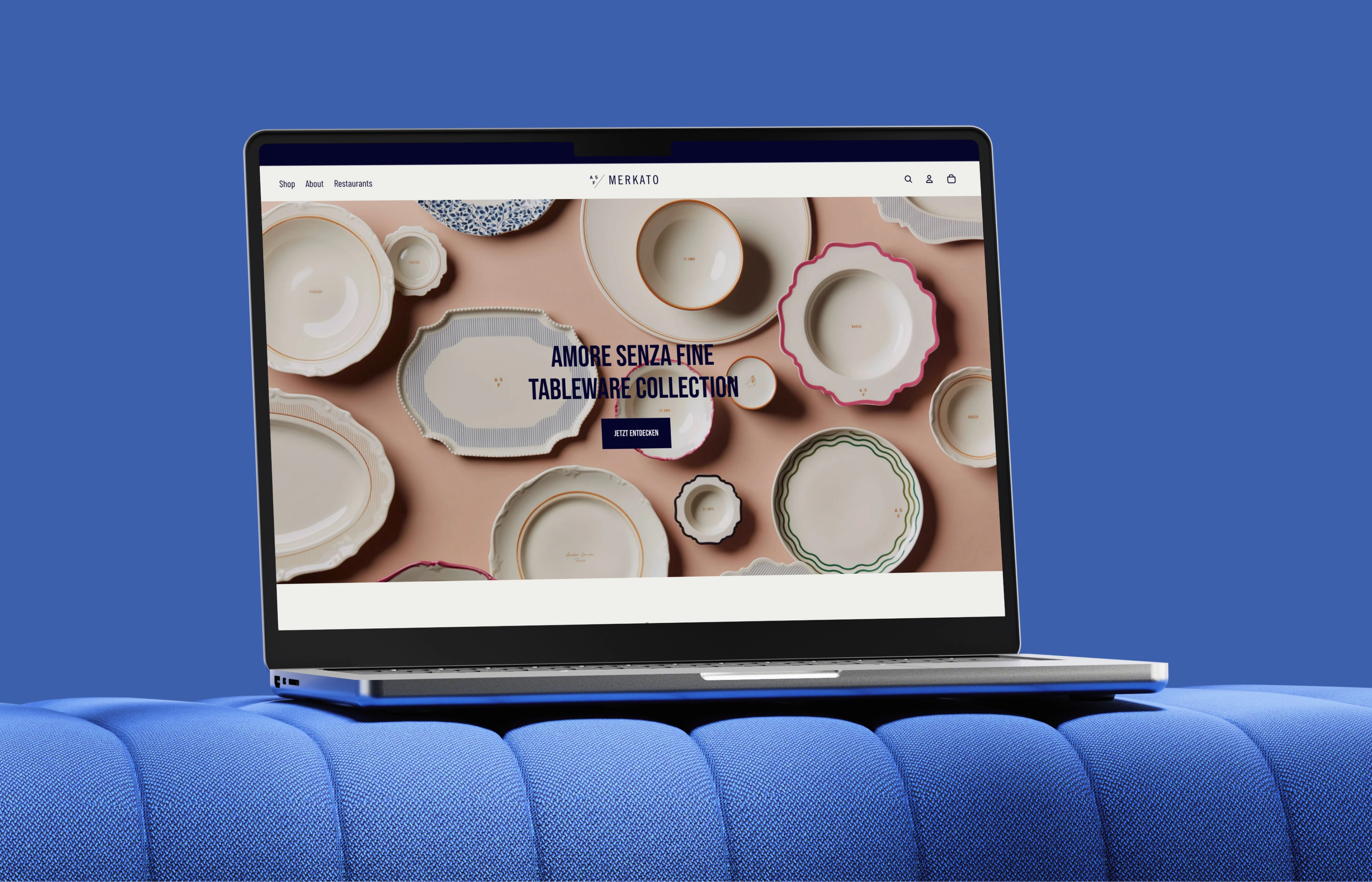 Shopify-Webdesign für Porzellan-Onlineshop Amore Senza Fine München – Hero auf Laptop