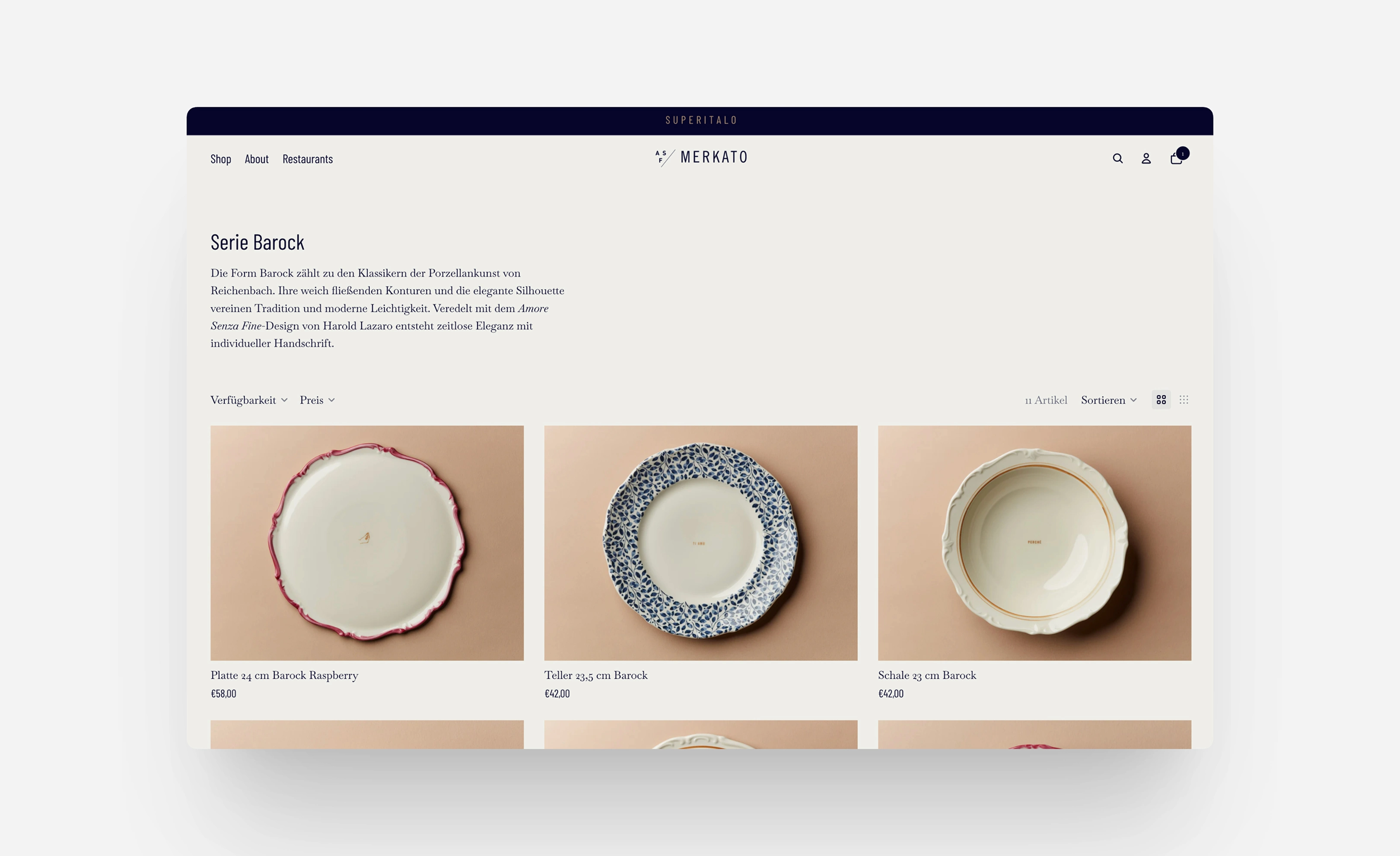 Desktop-Ansicht der Produktkategorie-Seite im Onlineshop Amore Senza Fine München