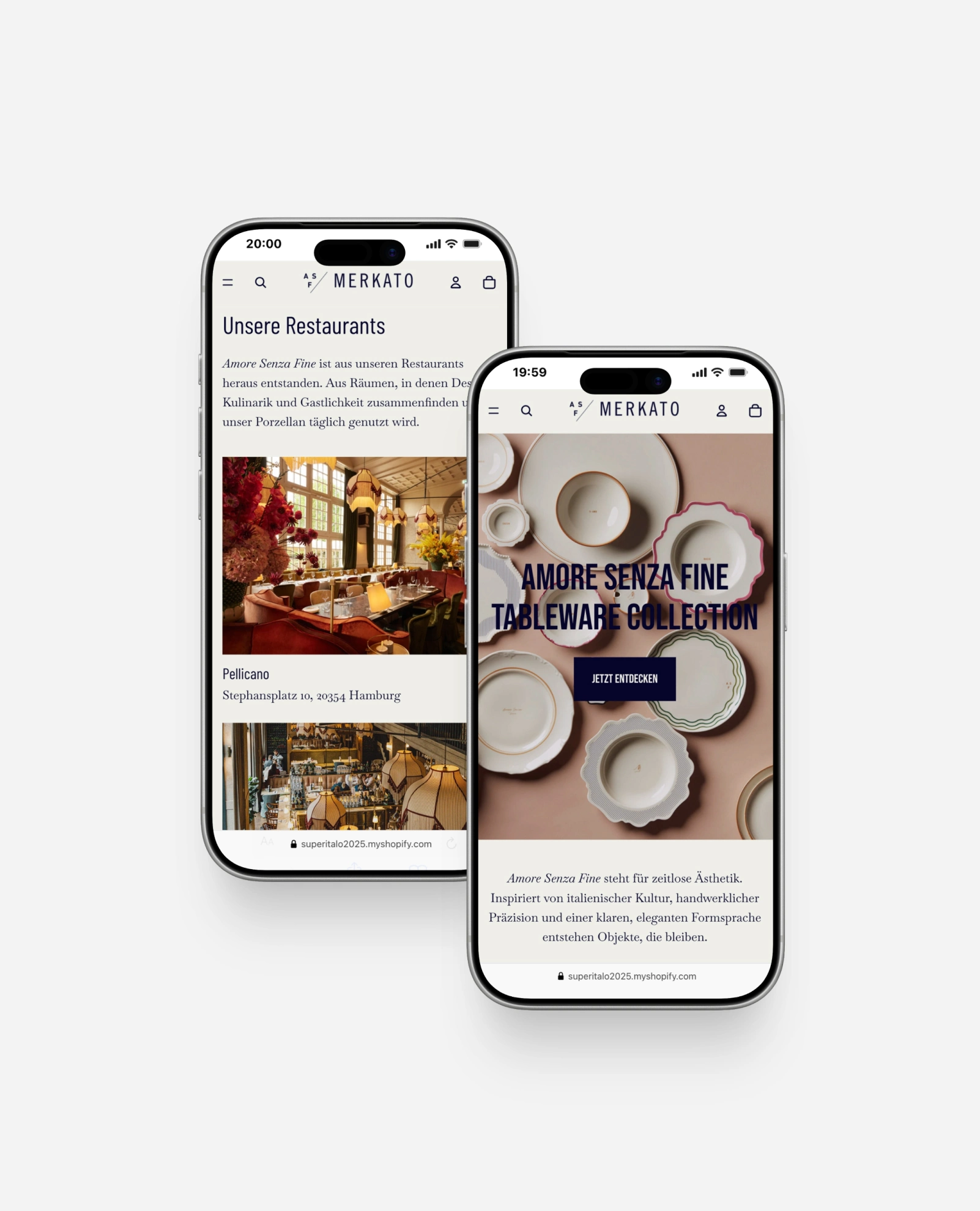 Mobile Ansicht der Startseite im Shopify-Onlineshop Amore Senza Fine München