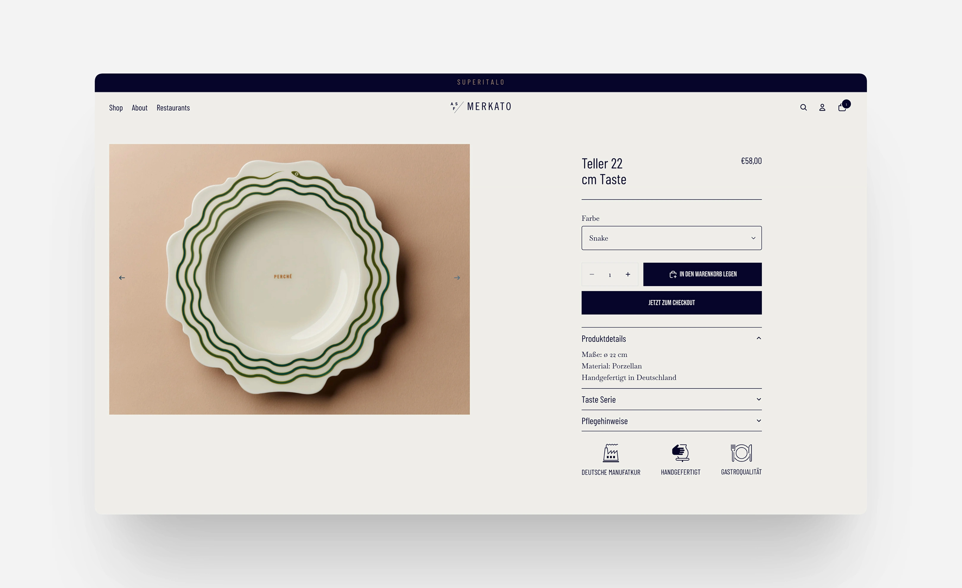 Desktop-Produktdetailseite mit Porzellan-Teller im Shopify-Onlineshop Amore Senza Fine