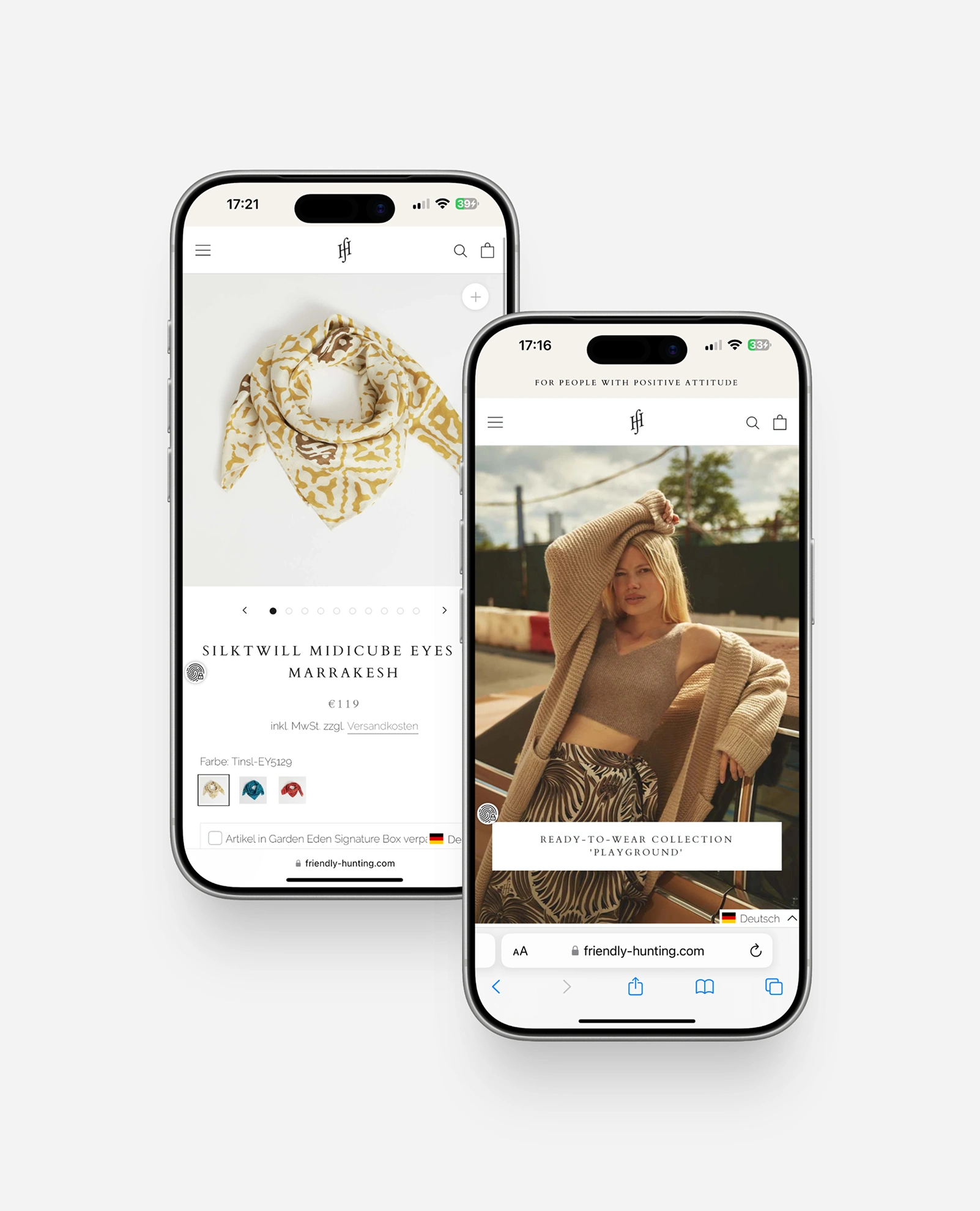 Mobile Shop-Ansicht mit Produktdetail und Kollektion Friendly Hunting München