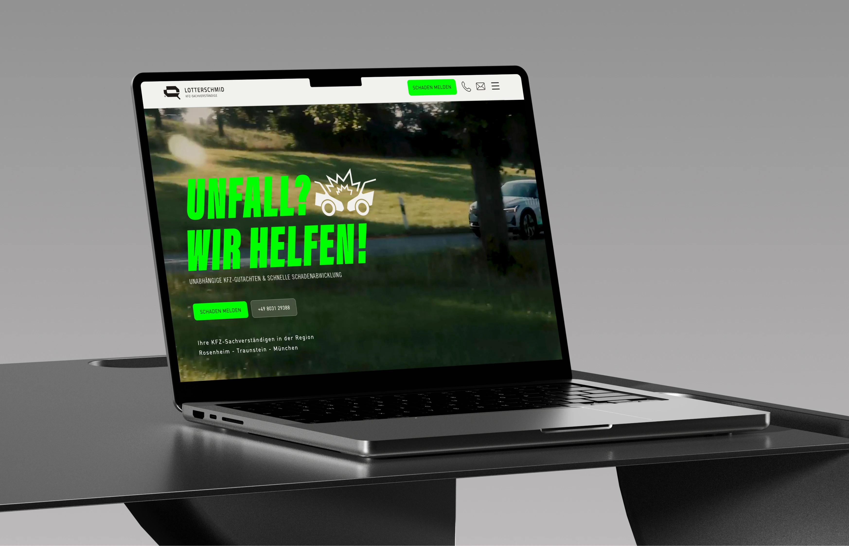 Webflow-Webdesign für Kfz-Sachverständige Lotterschmid München – Hero-Bereich auf Laptop