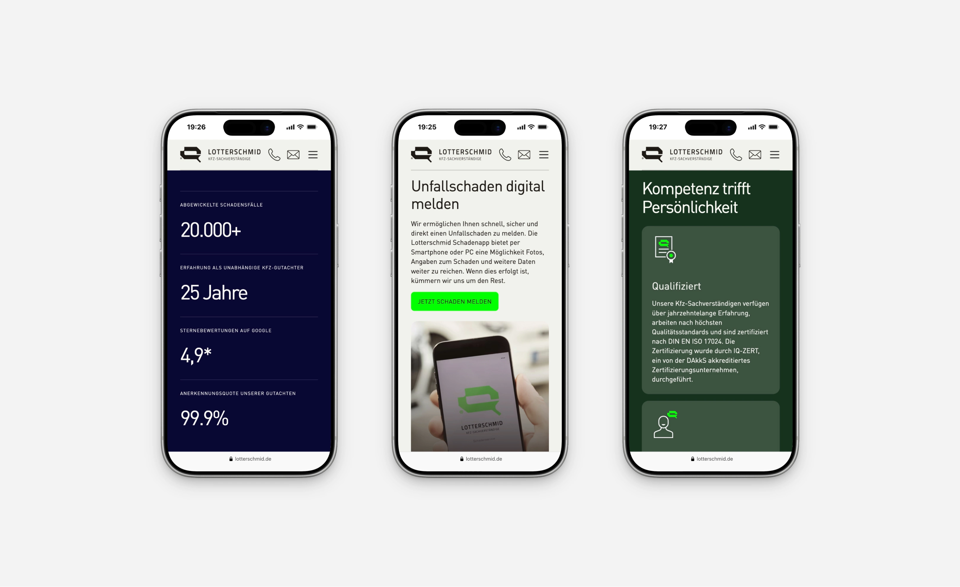 Drei Mobile-Ansichten der Lotterschmid Website – responsives Webflow-Webdesign
