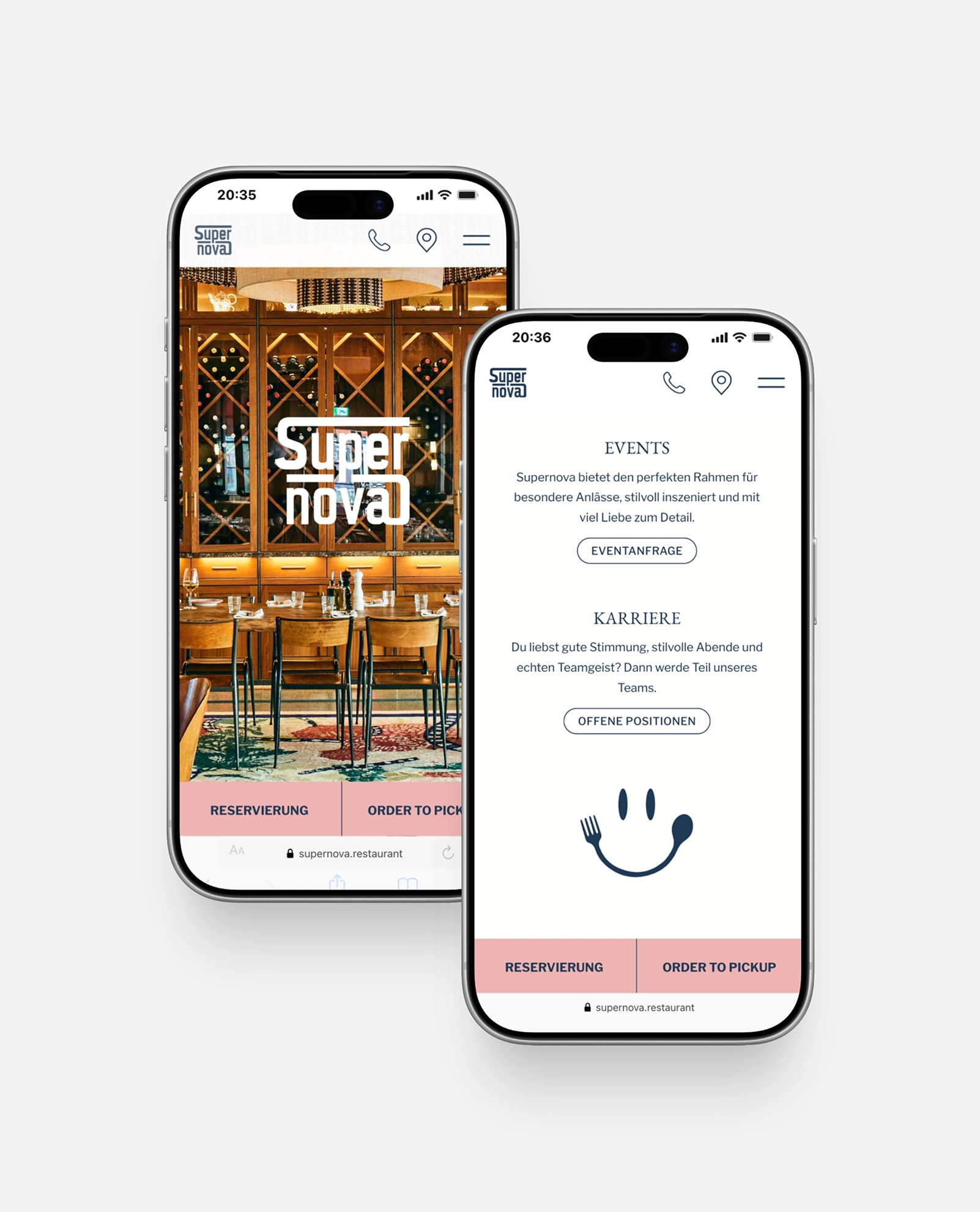 Mobile Startseite mit Events und Karriere-Bereich Restaurant Supernova München