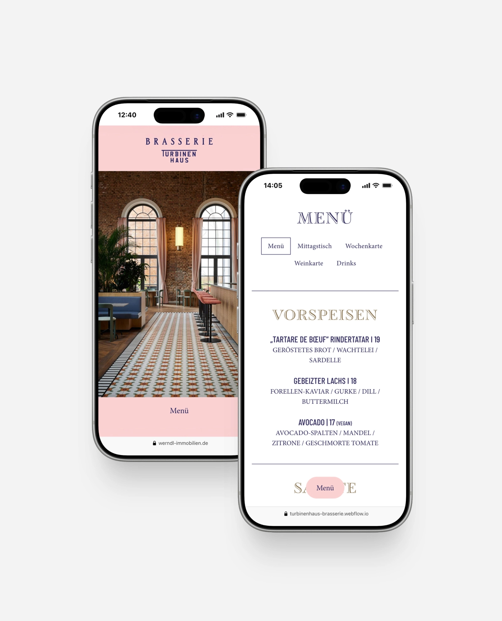 Mobile Ansicht der Startseite mit Menü der Brasserie Turbinenhaus München