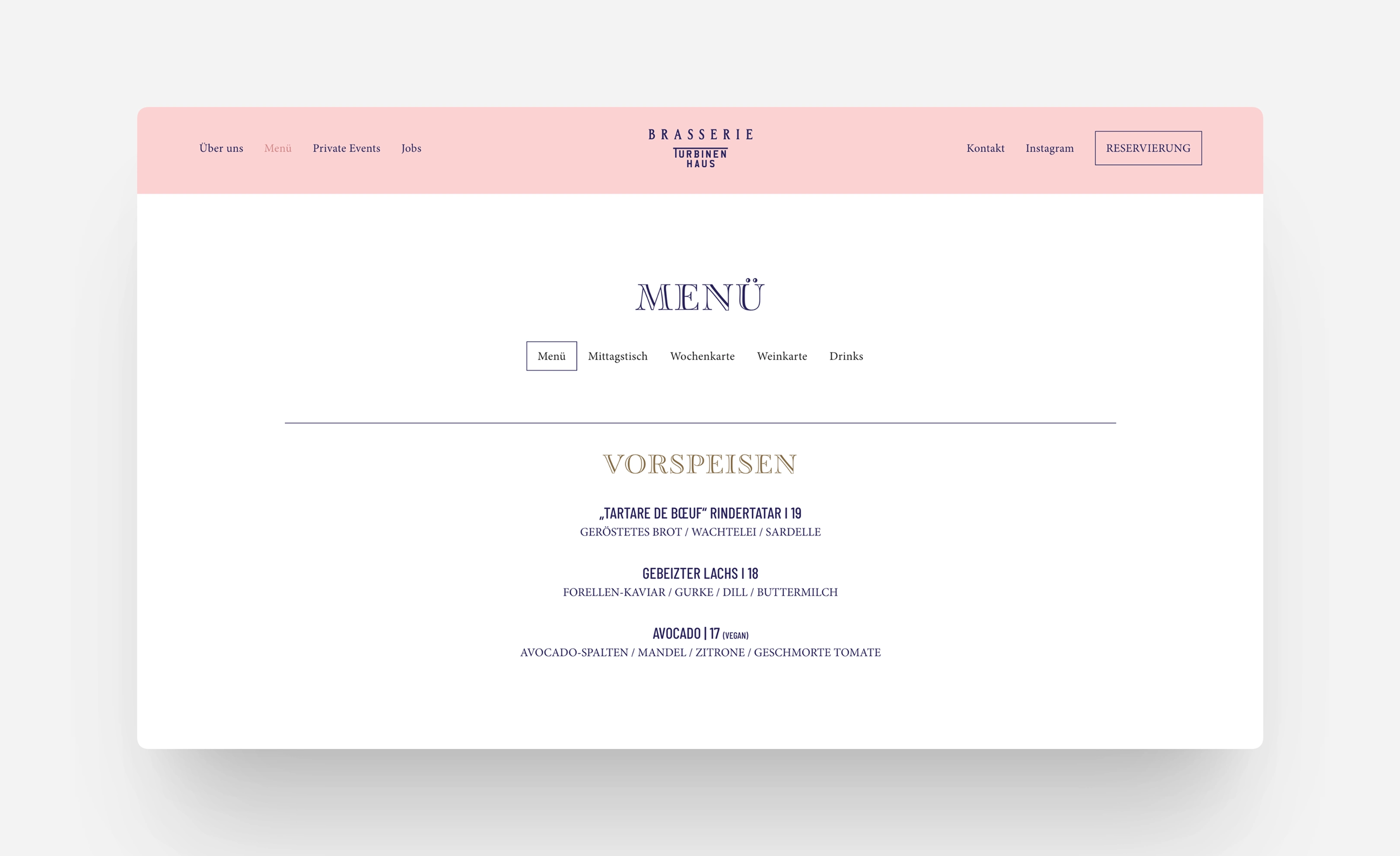 Desktop-Ansicht der Speisekarte der Brasserie Turbinenhaus München