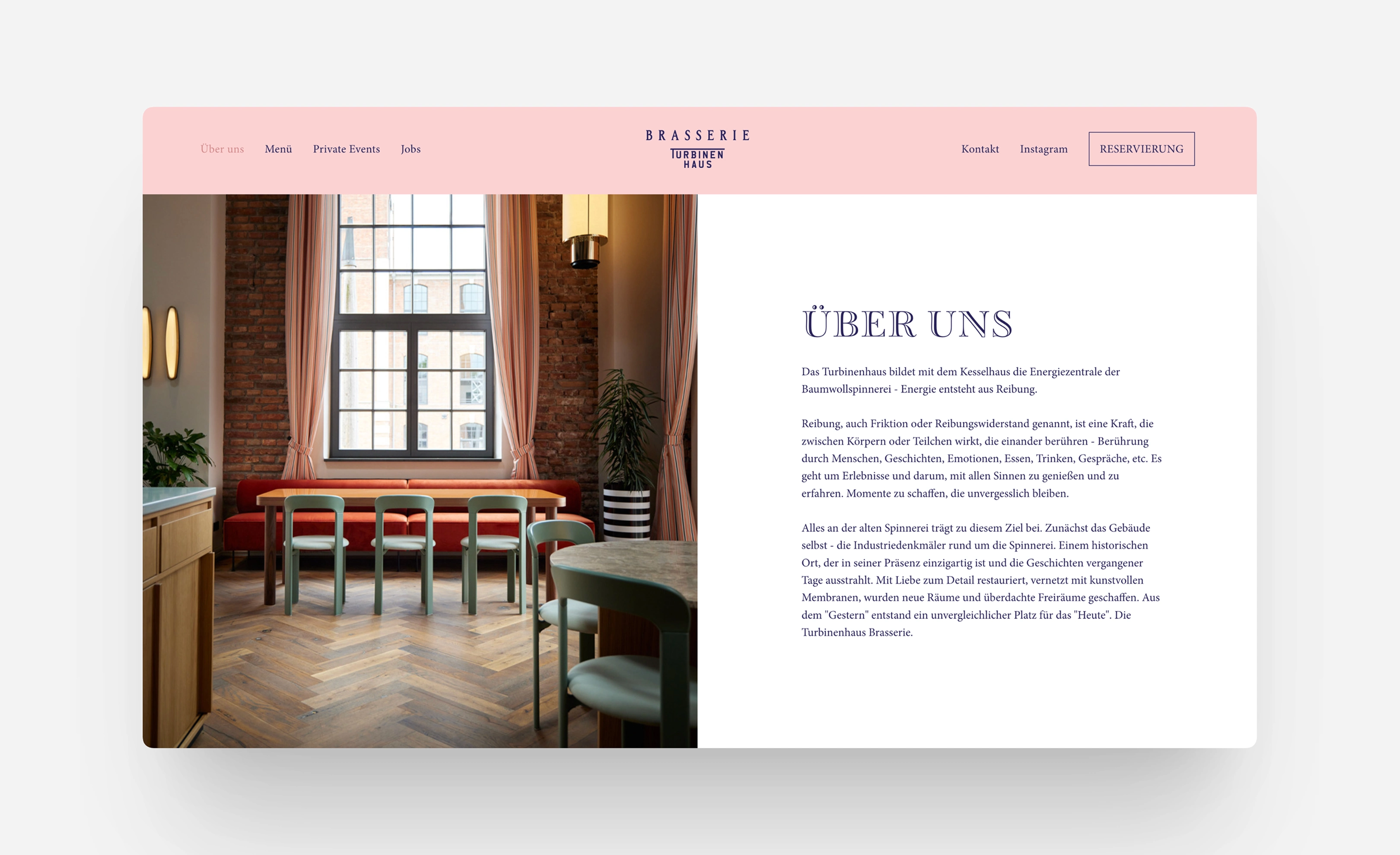 Desktop-Ansicht der Über-uns-Seite der Brasserie Turbinenhaus München