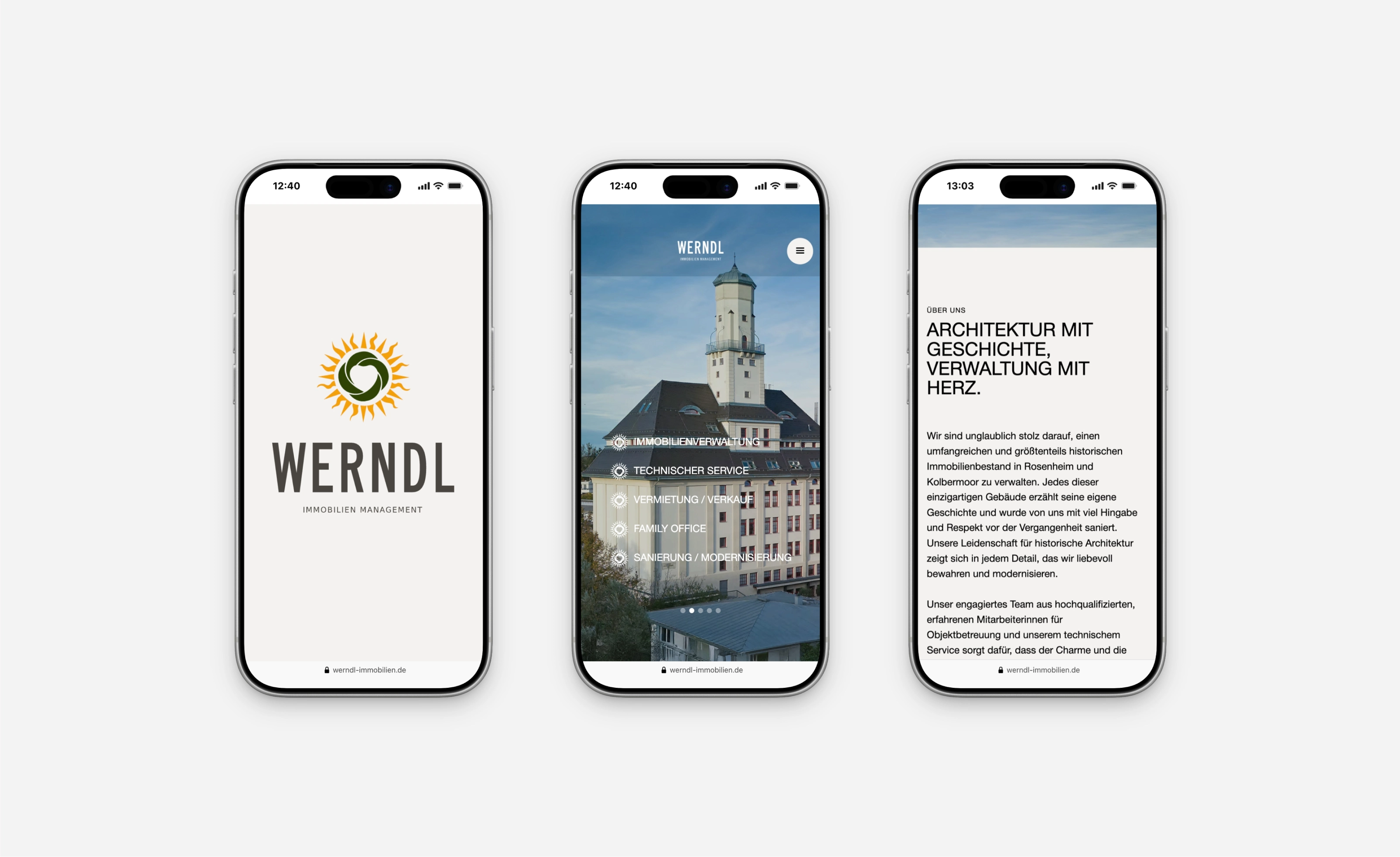 Drei Mobile-Ansichten der Werndl Website – Leistungen, Objekte und Team